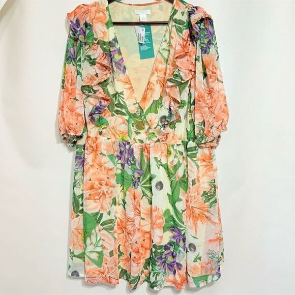 H&M Women's XL Floral V-Neck Ruffled Mini Dress - Picture 1 of 10